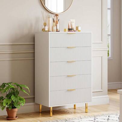 Cómoda Moderna Blanca de 5 Cajones Grandes con Tiradores Dorados, Tocador Doble de Madera para Recámara, Organizador de Almacenaje para Sala, Entrada y Pasillo – Mueble Elegante & Home