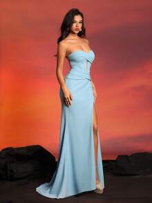 VIPGIRL Blue Pleated High Waist Slit Slim Fit Women Evening Gown - Blue - View 6