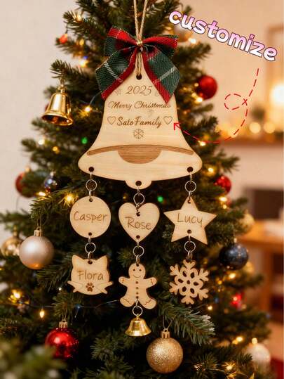 Personalized Wooden Christmas Bell Ornament - Custom Engraved Names For Family & Pets, 2025 Family Christmas Tree Decoration With Plaid Bow