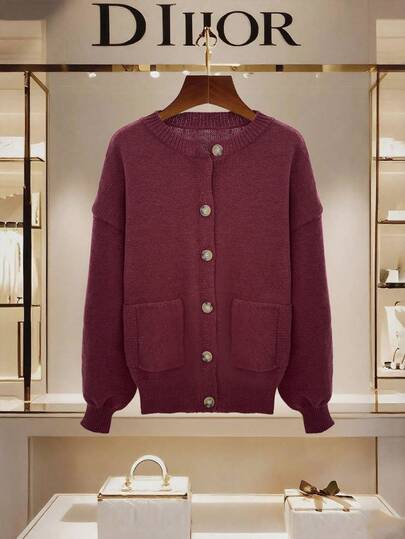 Women's Solid-Color Casual Sweater, Button-Up Long-Sleeved Top With Pockets, Highly Popular And Suitable For Street Wear, For Autumn And Winter, Suitable For Women's Office Outfits And Teacher Outfits,Thanksgiving Outfit For Women, Christmas Women's Clothing.