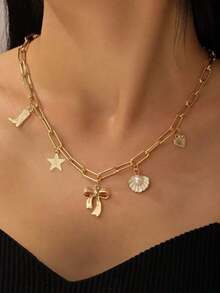 1pc Fashionable ZA Layered Necklace – Vintage Boho Beach Style With Starfish, Shell, Turtle & Multi-Pendant Design, Perfect Party And Holiday Gift, Versatile Accessory For Women's Casual And Vacation Outfits - Gold 2 - 查看 2