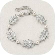 Crysdue Wedding Bridal Link Bracelet Brides Bridesmaids, Marquise Cubic Zirconia Tennis Bracelets Women Prom Jewelry - F_珍珠+立方氧化鋯,銀色 8.26 英寸 - 查看 12