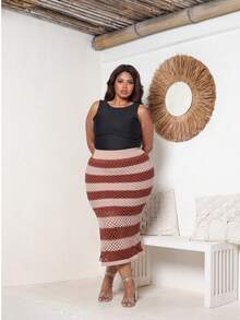 Plus Size Midi Skirt With Openwork Fabric In Modal Knit, Elegant, Casual - Beige With Brown - View 8