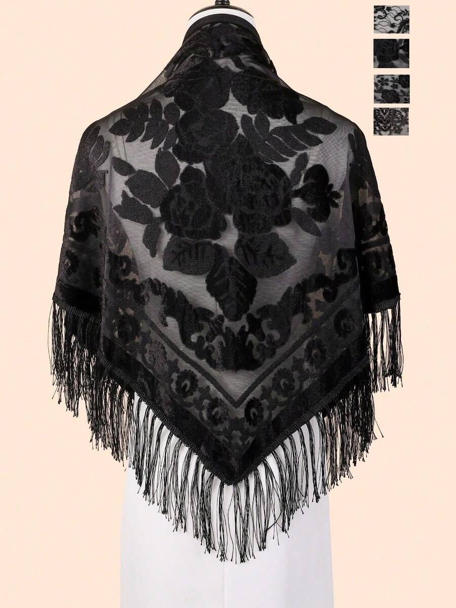1pc Women's Vintage Velvet Tassel Jacquard Shawl Scarf, Fashion Triangular Scarf For Women Suitable For Dresses, Parties, Dancing, Keeping Warm And Slimming In Autumn/Winter
