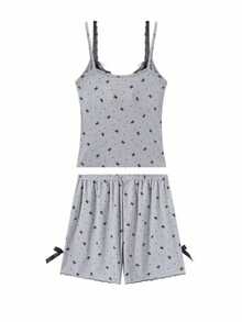 女士吊带背心睡衣，夏季新款带蝴蝶结蕾丝边的加垫吊带背心家居服 - 灰色 - 查看 10