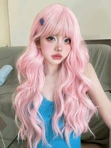 alicegarden 1 Synthetic Heat-Resistant Wig With Bangs, Pink Long Rolled Wig, 28 Feet Long, Made Of Fiber, Suitable For Daily Use, Natural Simulation Wig