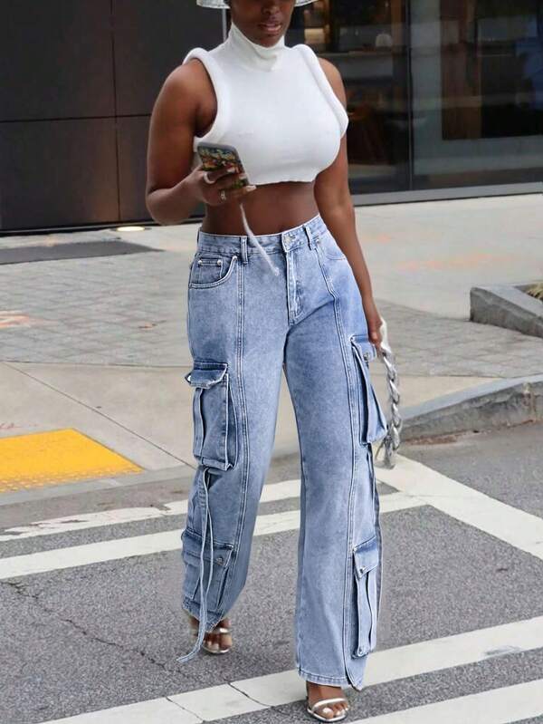 2025 New Y2K Women's High-Waisted Blue Casual Versatile Elegant Washed Work Jeans Street Style Autumn Clothing Retro Clothing Outfit Simple Denim Pants With Ribbon Zipper