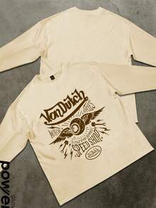 Y2K Style Vintage Motorcycle Printed Men's Long-Sleeve T-Shirt, Street Hip-Hop Style Autumn & Winter Cotton Top, Regular Fit  Digital Print, Ideal For Men's Fashion Outfits & Gifting - Màu be - Xem 2