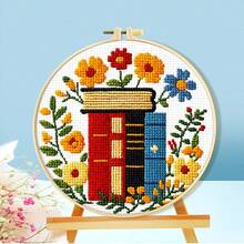11CT Cross Stitch DIY Kit, Beginner Starter Set, Bookshelf Floral Pattern, Home Decor Creative Gift
