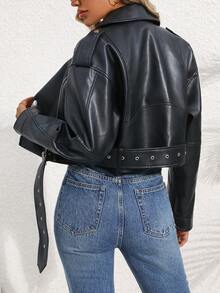 Women's Faux Leather Biker Short Jacket - Black - View 8