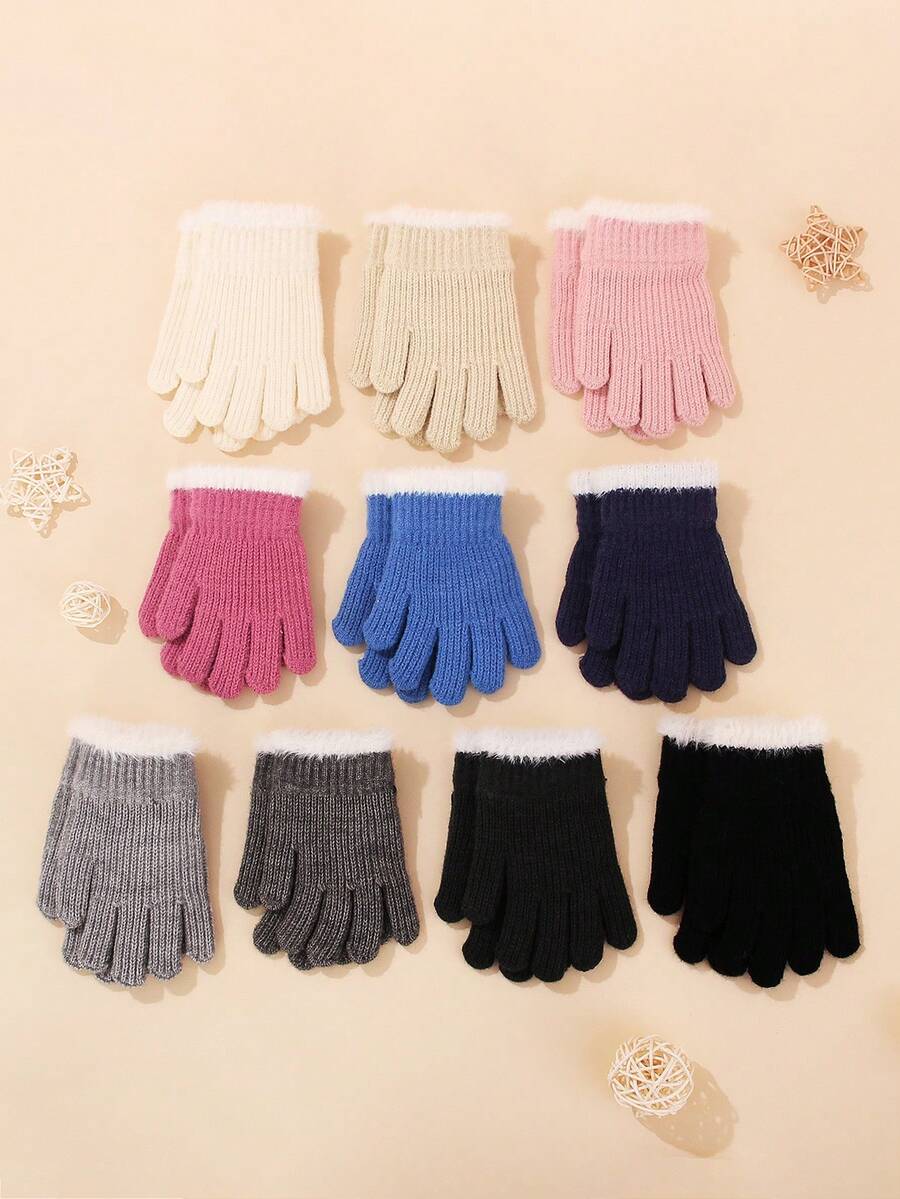 1 双儿童针织手套，带毛皮饰边，保暖针织内衬手套，适合男孩和女孩，秋冬季，适合学生户外使用