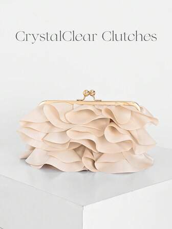 优雅花瓣设计女士手拿包，适合晚会的荷叶边手提包，适合婚礼/度假/正式活动的雪纺花瓣链条单肩包，杏色，花瓣形状随意