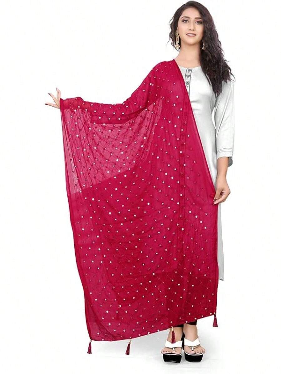 Themilestocks Woman's Embroidered Chiffon Dupatta Scarf Shawl Wrap Soft  Bridal Weddinghalloween - 深粉紅色 - 查看 1