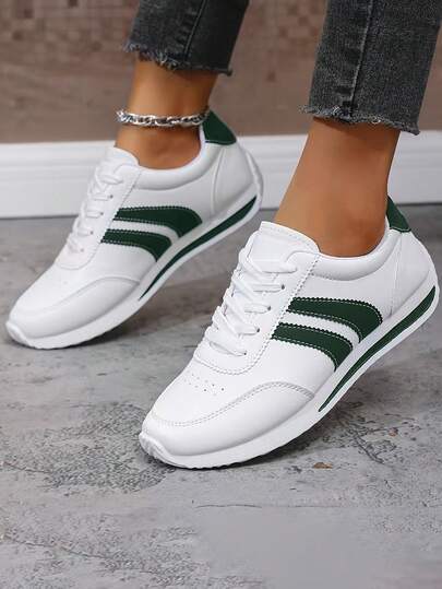 New Fall 2025 Women's Skate Shoes: Stylish And Versatile, These Shoes Feature A Two-Tone Stripe Design, A Subtle Wedge Heel, And Breathable Construction. They're The Perfect Casual Sneaker For Your Preppy Back-To-School Look, A Must-Have For Women's Fall Fashion, And Perfect For Halloween When Paired With A Dress.