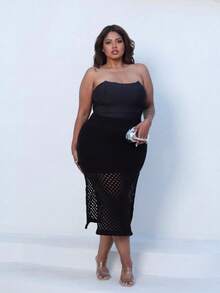 Plus Size Midi Skirt With Openwork Fabric In Modal Knit, Elegant, Casual - Black - View 4
