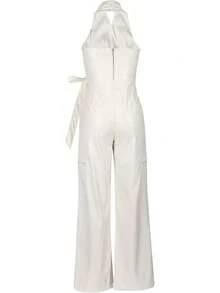 WOKANSE Womens PU Leather Stretchy 2 Piece Outfit Belted Sleeveless Halter Tops And Straight Leg Pants Set With Pockethalloween - 白色 - 查看 2