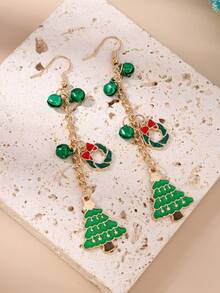 1 Pair Fashionable Alloy Flower Wreath & Christmas Tree Earrings, Dangle Earrings For Women Daily Wear - Green - View 4