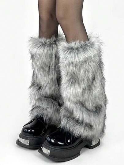 1 par de calentadores de piernas de 30 cm/40 cm de color gris sólido de piel sintética, estilo Y2K, cubiertas de botas de piel sintética, calentadores de piernas cortos y esponjosos, calcetines versátiles para todo el año