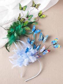 1pc Butterfly Headpiece, Women's Derby Floral Headband Hat, Feather Tea Party Butterfly Halloween Party Headband - A - View 9