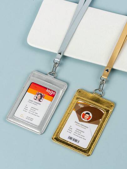 Gold & Silver Braided Lanyard Leather ID Card Holder Work Badge Neck Strap For Phone Bank Card Student ID Access Card Bus Pass Card Wallet