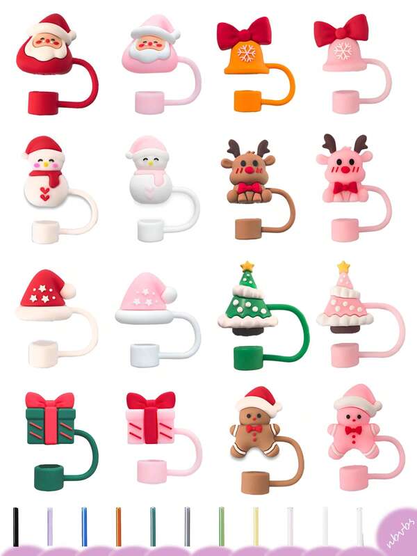 2/8pcs Christmas Straw Covers, Reusable Straw Covers, Cute Cup Straw Topper, No Plastic Silicone Straw Cover Caps, Kawaii Straw Cover For Holiday