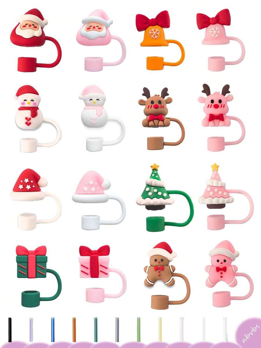 2/8 piezas Cubiertas de pajita navideñas, Cubiertas de pajita reutilizables, Lindos tapones para pajitas de taza, Cubiertas de pajita de silicona sin plástico, Cubiertas de pajita kawaii para fiestas
