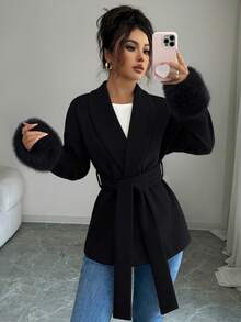 女士优雅仿毛皮饰边系领梭织面料长袖外套 - 黑色 - 查看 2