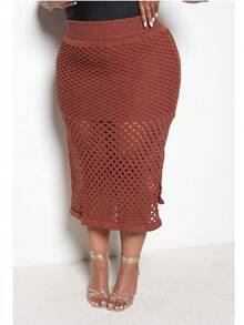 Plus Size Midi Skirt With Openwork Fabric In Modal Knit, Elegant, Casual - Brown - View 6