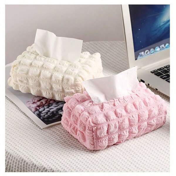 1pc Simple White & Pink Tissue Box, Creative White Tissue Dispenser, Car Tissue Storage Box, Cute Desktop Tissue Holder, Living Room & Kitchen Tissue Storage Box, Suitable For Home And Office