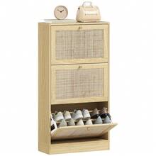 HOMCOM Boho Rattan Shoe Cabinet With 3 Flip Drawers And Adjustable Shelves, Narrow Shoe Storage Cabinet, Holds 18 Pairs For Entryway, Hallway, Oak - Khaki - View 10