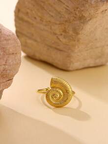 1 pieza Anillo de apertura de concha de moda para mujer, color dorado, de acero inoxidable con diseño geométrico de la serie oceánica, joyería para fiesta en la playa, regalo