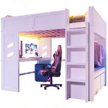 Hochbett, 90x200cm, Gaming Bed Mit Schreibtisch, Mit LED-Lüchten, 1 USB-Anschlüssen, 1 Typ-C Ausgestattet, Leiter, Schreibtisch, Schublade, Wäscheständer, Ohne Matratze, Weiß - 90cm*200cm - View 1