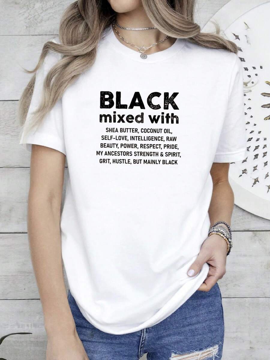 180g pure Cotton Black Wo Shirt, Melanin Shirts, Black People, Afrocentric Tee, Black is Beautiful, Black Mixed With, Black Is Beautiful, Black Mixed With Print Round Neck Short Sleeve Stretched female streetwear Breathable designer clothes Top For Everyday Wear women - Blanco - Ver 1