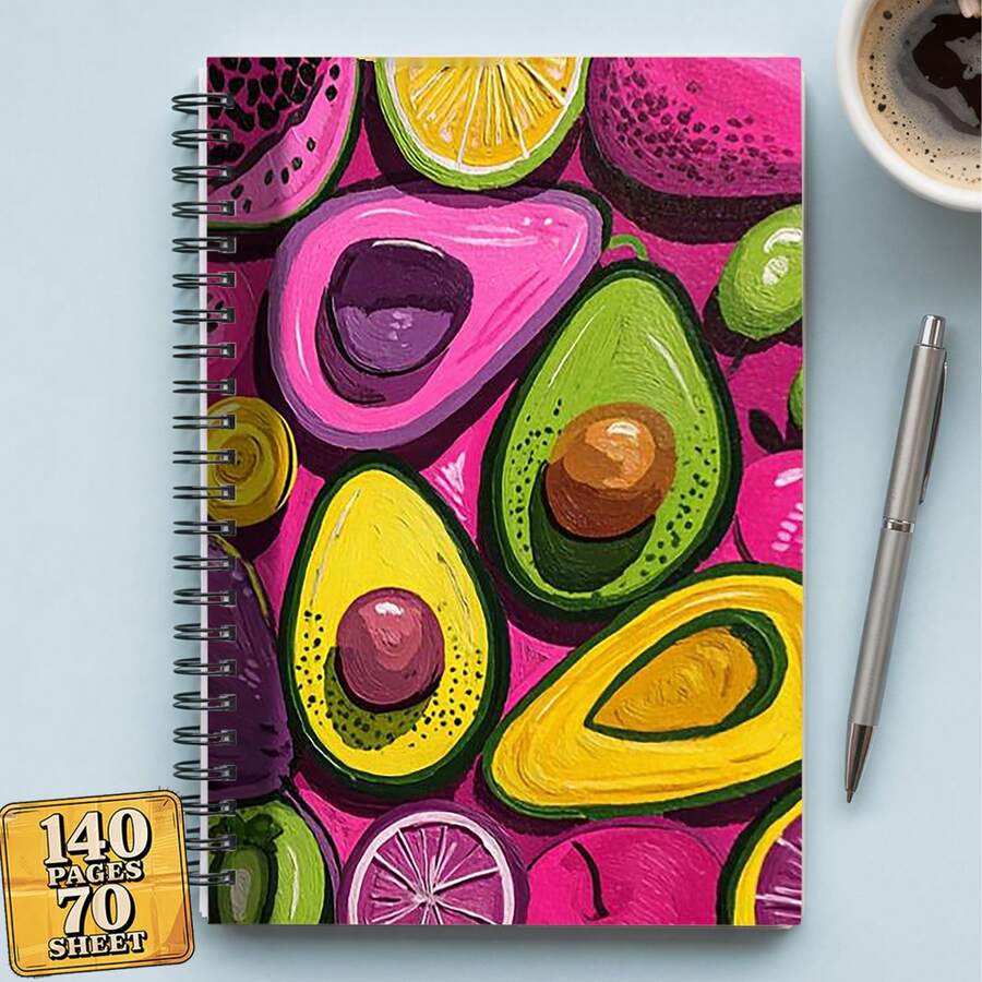 Avocado Themed A5 Spiral Notebook - Cute Avocado Cover, Paired With Lime And Kiwi Patterns, Pink-Green Inner Pages Suitable For Diary, School, Office, Gifts - Adult Portable Compact Diary, Art Stationery, Notebook, Notebook And Diary, Diary, Diary Planner, Reading Log, Writing Notebook, School Notebook, Christmas Notebook