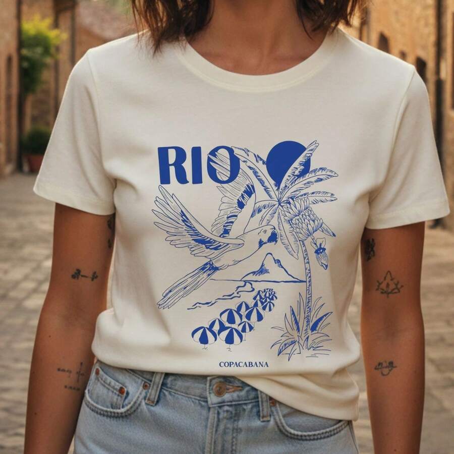 Camiseta Feminina Rio de Janeiro RIO T-Shirt 100% Algodão Moda Feminina Delicada Unissex - Azul bebê - Visão 1