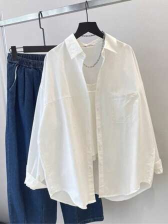 Women's Casual White Shirt, Solid Color Polo Collar Long Sleeve Blouse, Women's Solid Color Button Front Long Sleeve Simple Casual White Shirt