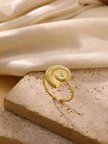 1 pieza Anillo de apertura de concha de moda para mujer, color dorado, de acero inoxidable con diseño geométrico de la serie oceánica, joyería para fiesta en la playa, regalo