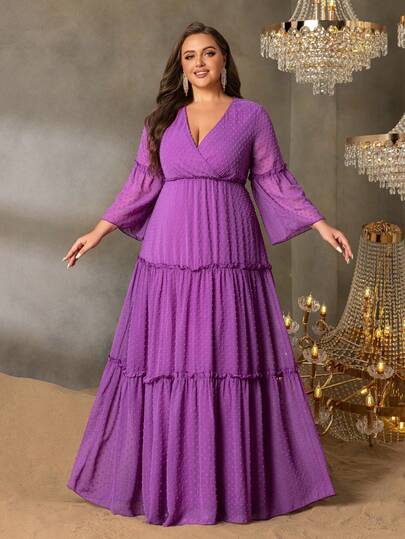 Plus Size Women's Elegant Crossover Neckline Formal Evening Dress, Flare Sleeves, Layered Ruffle Hem, Sequin Decor Fitted Wedding Guest Dress, Tiered Skirt, Suitable For Black Tie Gala, Wedding Reception, Red Carpet Events, Opera Night, Charity Ball