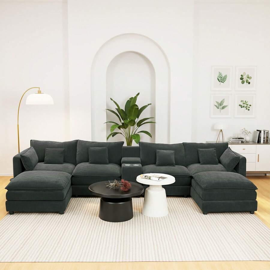 144" U Shaped Couch, Modular Sectional Cloud Sofa With Cup Holder,Chenille,4 Seat Sleeper Sofa With Chaise For Living Room, Apartment,Dark Grey - 深灰色 - 查看 1