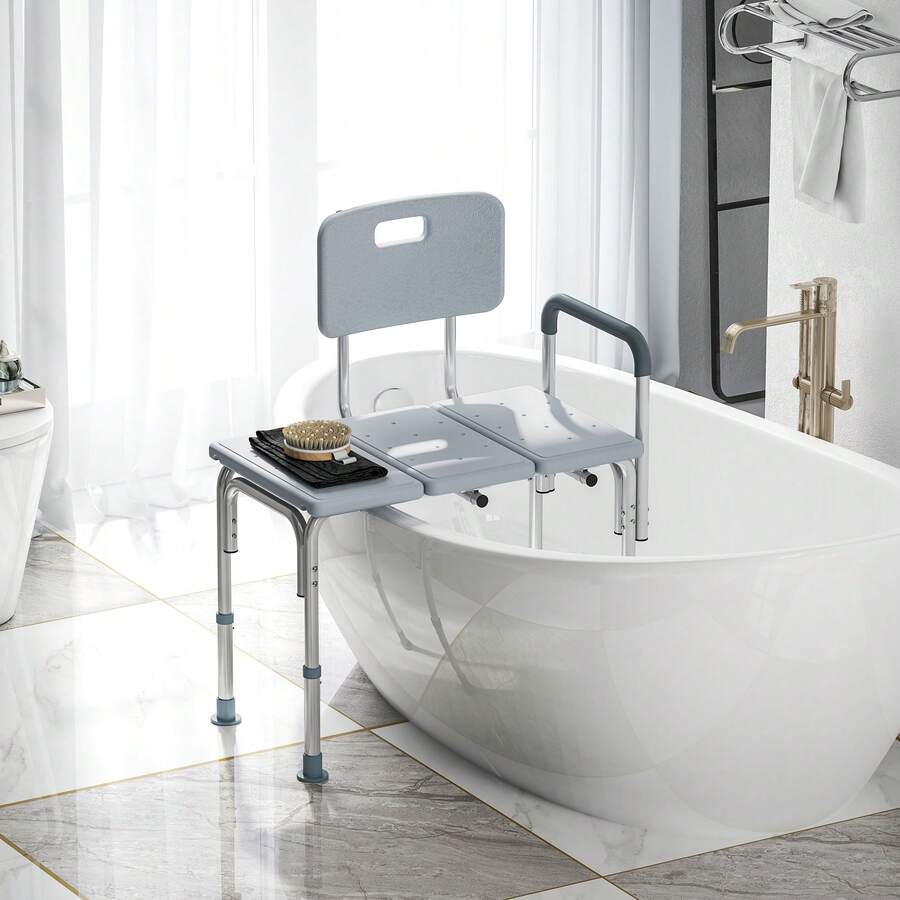HOMCOM 6-Level Adjustable Bath And Shower Transfer Bench Aluminum Chair With Non-Slip Feet, Armrest & Backrest, Grey - 灰色 - 查看 1