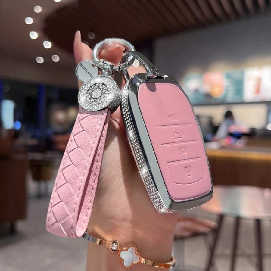 Compatible con la cubierta de llavero de  con llavero, funda de cristal de cuero genuino rosa para protección de llaves para Avalon Camry Cor - Rosa - Ver 1