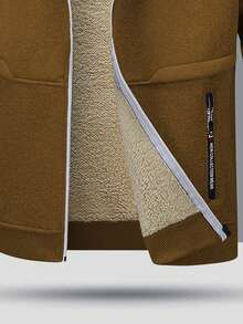 青少年冬季百搭简约罗纹袖口和下摆设计拉链口袋保暖内衬连帽运动衫夹克 - 棕色 - 查看 5