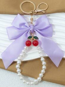 1 Elegant Faux Pearl Bracelet And Bow Decoration Keychain Pendant, Equipped With Creative Zinc Alloy Simulated Cherry Accessories, Fashionable Women's Bag Pendant, Suitable For Bag Chains, Mobile Phone Hanging Chains, Keychains, And Gifts For Friends' Mothers Christmas