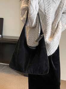 复古绒面革大容量休闲单肩托特包，字母压花皮革贴片装饰，拼布拼色手提包，优雅百搭通勤托特包，适合女士，秋季 - 黑色 - 查看 5