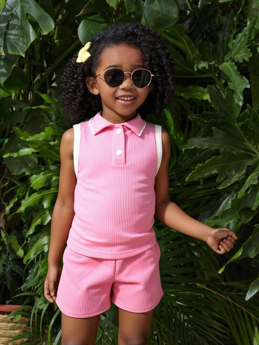 Conjunto Infantil de DoS Pieza para Niña – Polo sin Mangas y Short en Colores Vibrantes - Sandia - Ver 1