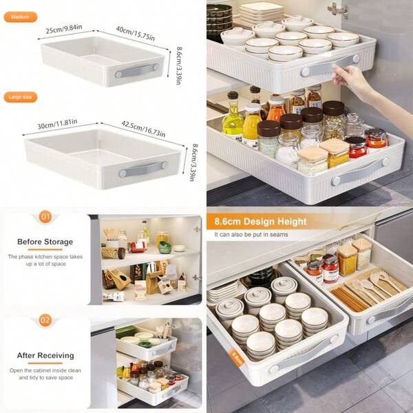 2 Pack Pull Out Cabinet Organizer Pull Out Drawers For Kitchen Cabinets Peel And Stick Slide Out Drawers Shelf Multifunction Plastic Drawer Storage Rack For Pantry Bathroom Bedroom 2 Sizes