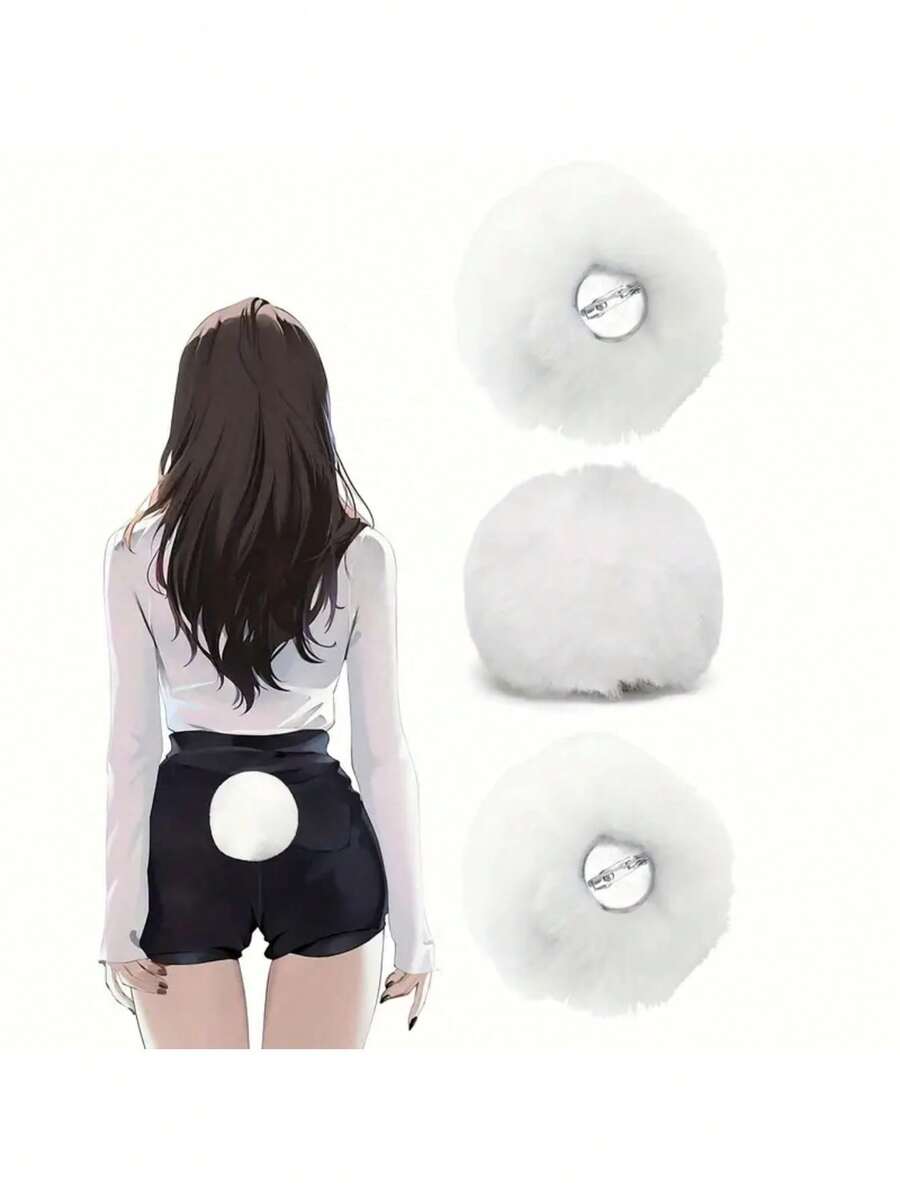 Rabbit Tail Costume Prop - Cute Plush Ball Needle, With White Faux Fur Ball, Durable Polyester Clothing Accessory, Suitable For Halloween And Christmas Party Cosplay Role-Playing Decoration - Multicolor - View 1