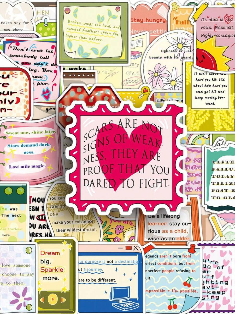 50Pcs Letter Motivational Stickers Positive Inspirational Stickers Motivational Stickers Aesthetic Pink Kawaii Stickers Reward Stickers For Water Bottle, Hydroflask, Guitar, Luggage, Phone, Case, Laptop, Skateboard, Gift - Multicolor - View 1