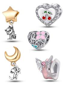 5 件星月小猫狗爱心樱桃蝴蝶吊珠套装可作为情侣 DIY 礼物 - 彩色 - 查看 1