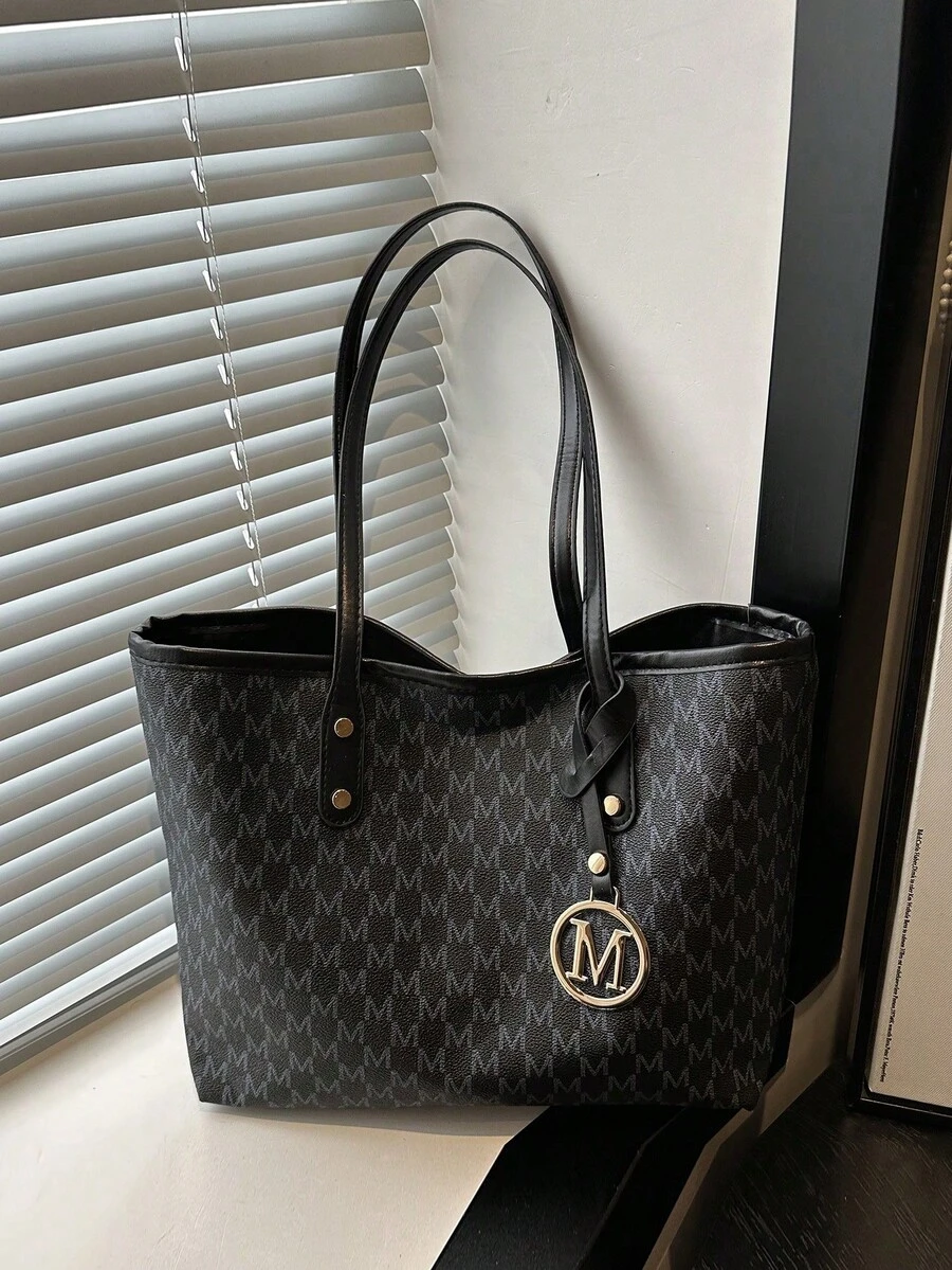 Kleine bedruckte Schultertasche, Vintage Buchstaben-Muster Tragetasche als Muttertagsgeschenk, Schultertasche, ideale Unterarmtasche für den Arbeitsweg - Schwarz - Übersicht 1